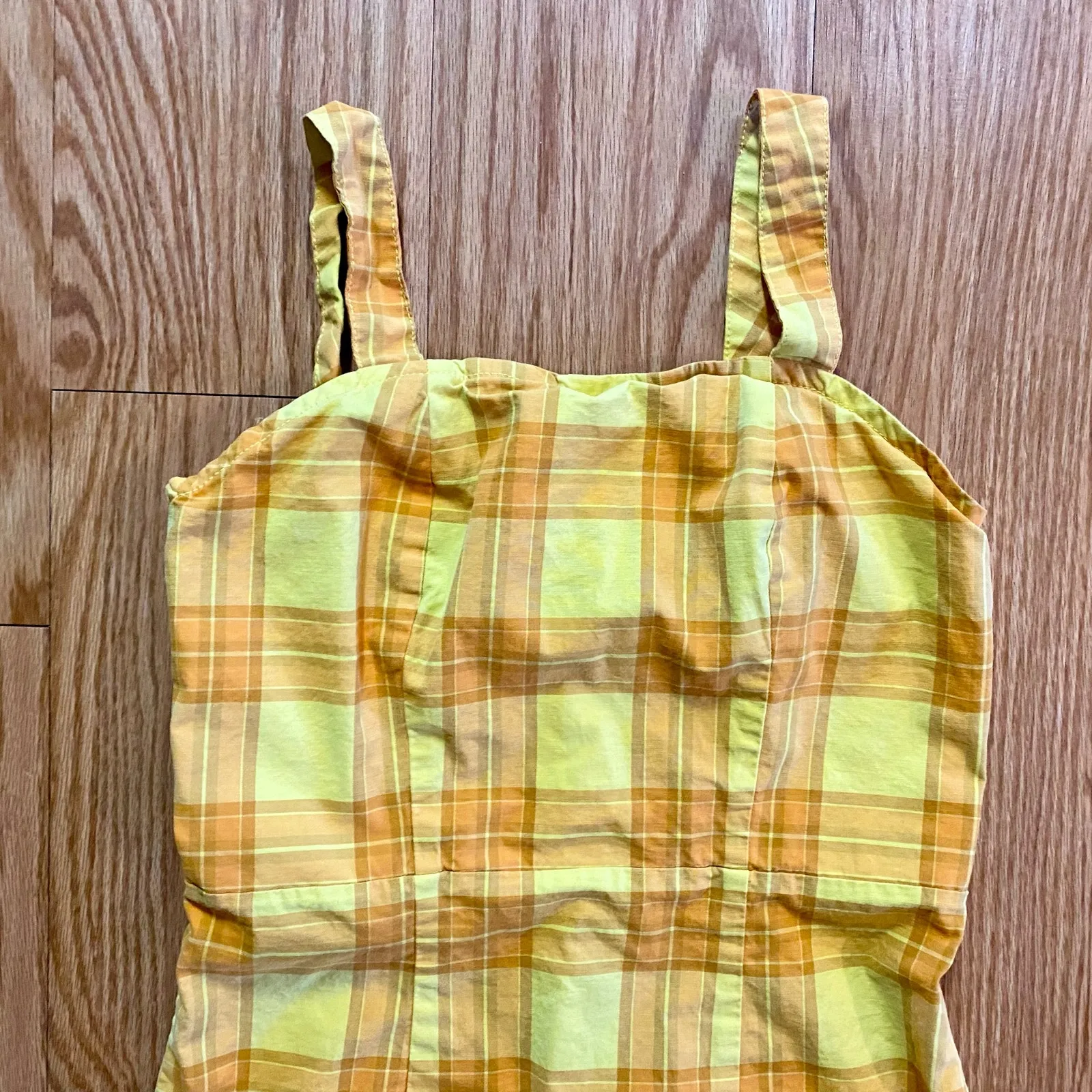 Arizona Jean Co Vintage Yellow Plaid Mini Jumper Dress Womens Medium - Image 3