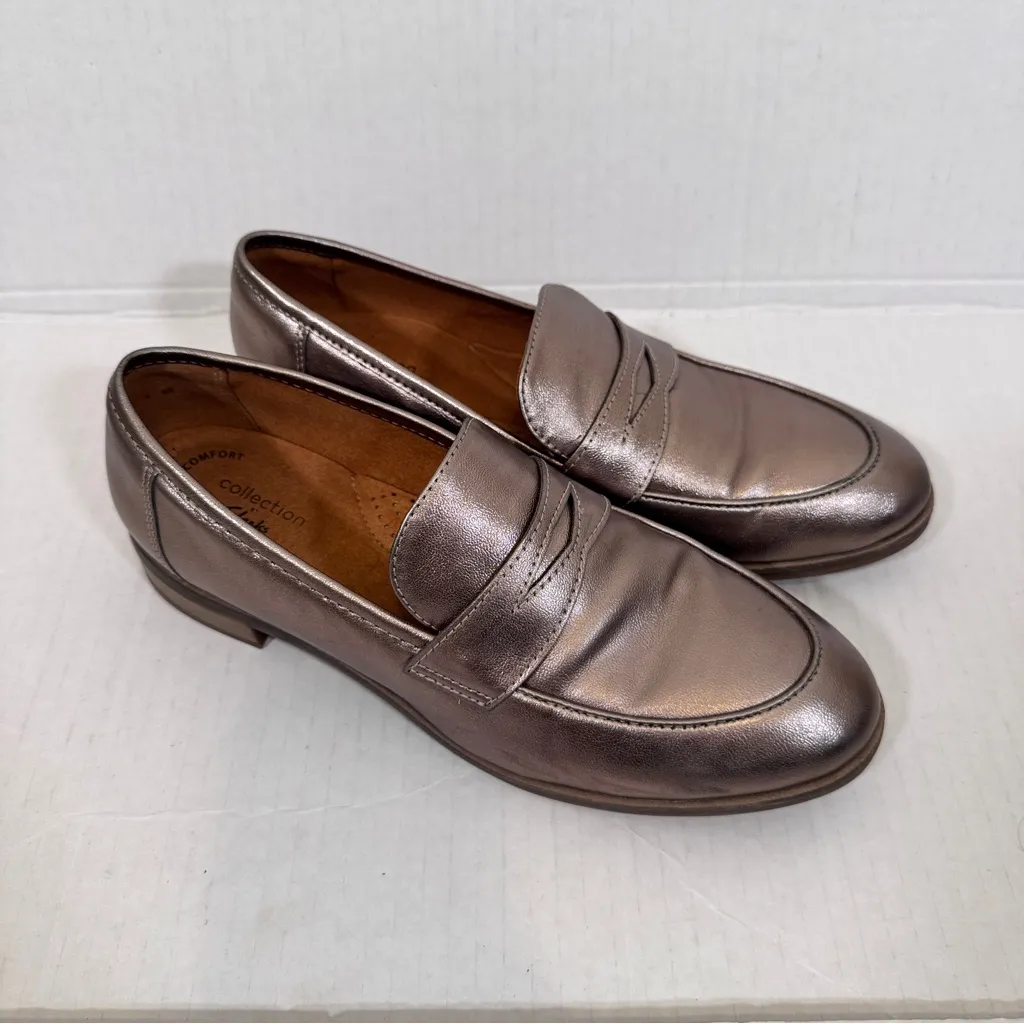Clarks Collection Silver Leather Penny Loafers Womens 9 Comfort Shoes Classic - Image 8