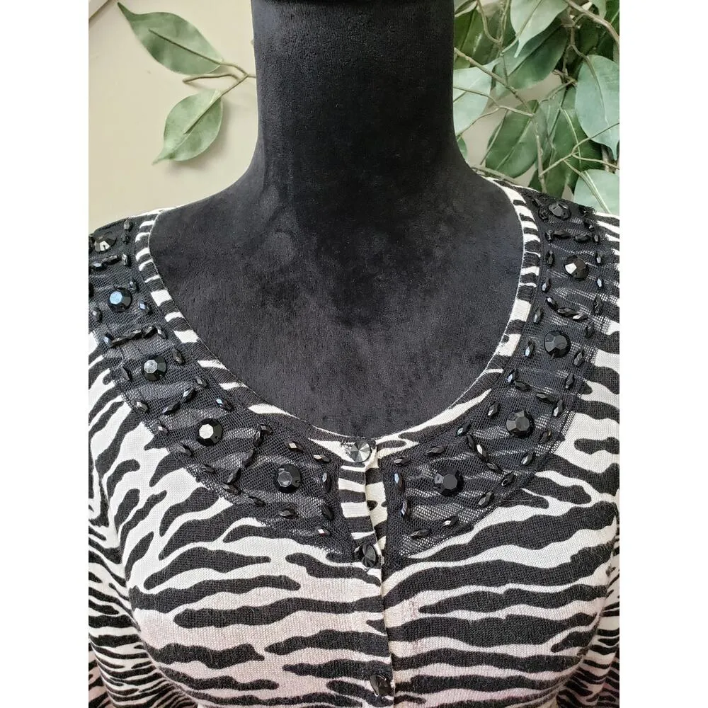 Carolyn Taylor Sweater Womens M Black White Zebra Print Lace Trim Rhinestone - Image 10