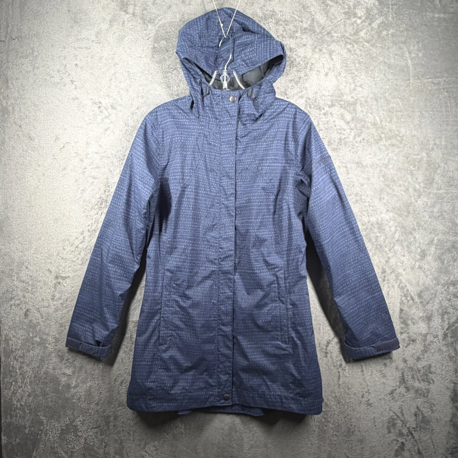Columbia Omni-Tech Waterproof Rain Jacket Small Blue Pattern Hooded Shell Parka - Image 2