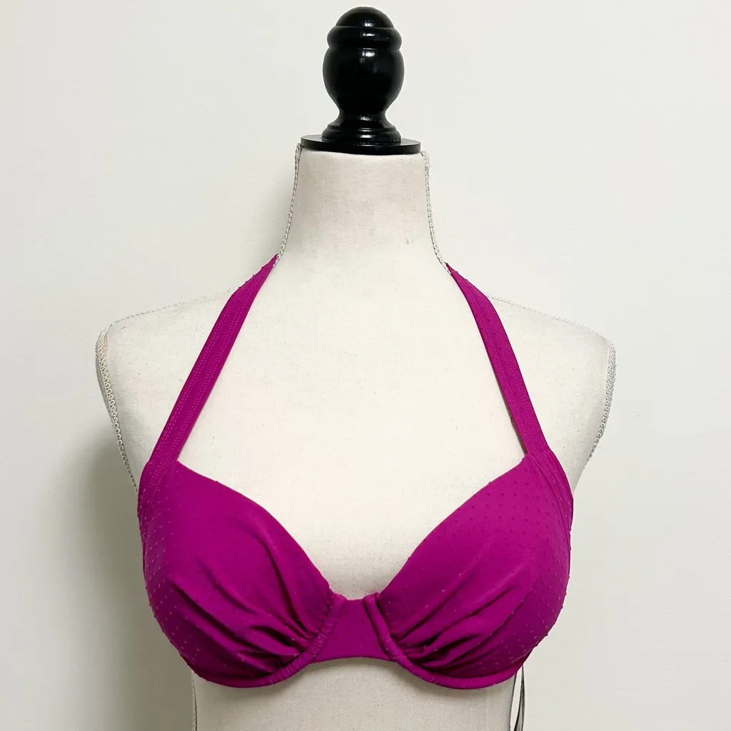 Skye Raspberry Purple Velveteen Polka Dot Push Up Halter Shirred Hipster Bikini - Image 2