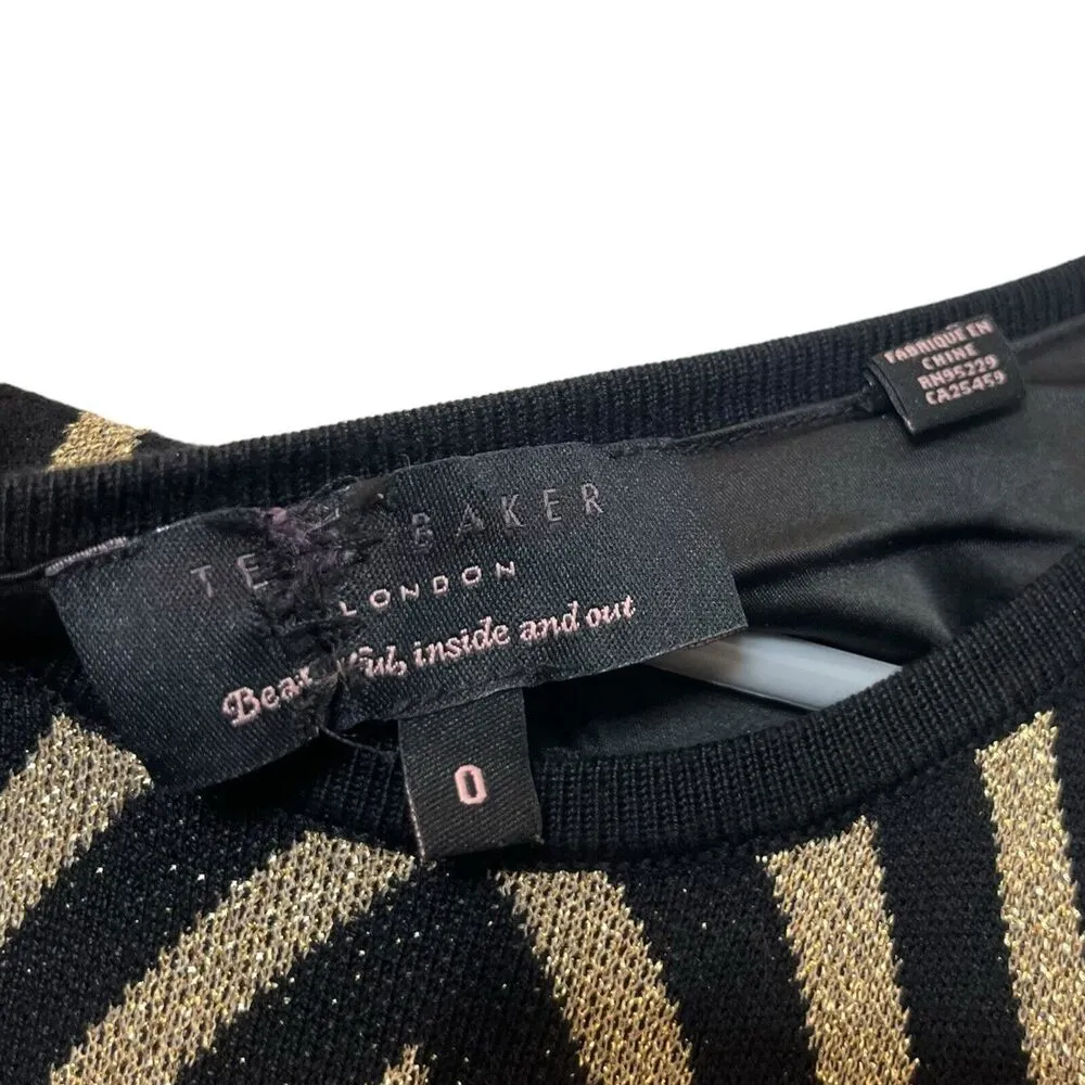 TED BAKER Balinda Jacquard Knitted Dress Stretch Black Gold Metallic Size US 2 - Image 7