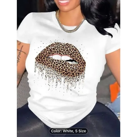 Leopard Lips Graphic Tee Shirt, Valentine's Day Crew Neck Short Sleeve Casual Ev - Image 2