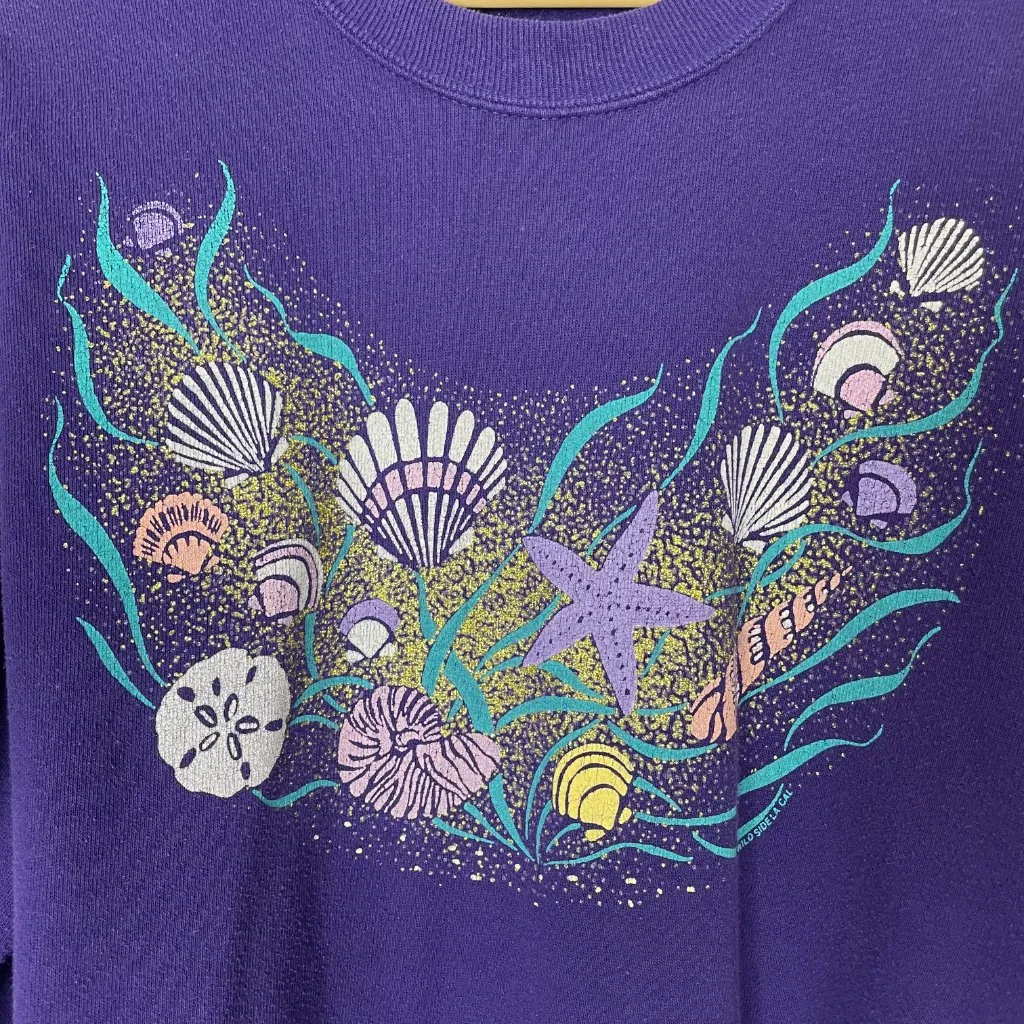 Vintage 90s Sweatshirt Seashells Glitter Gold Ocean Women Size Large‎ Purple Top - Image 5