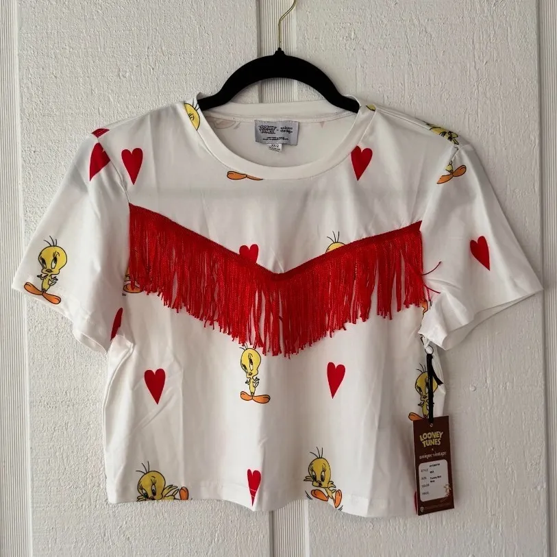 Looney‎ Tunes Tweety Bird Graphic Tee Red Fringe Cropped Top XS/S - Image 4