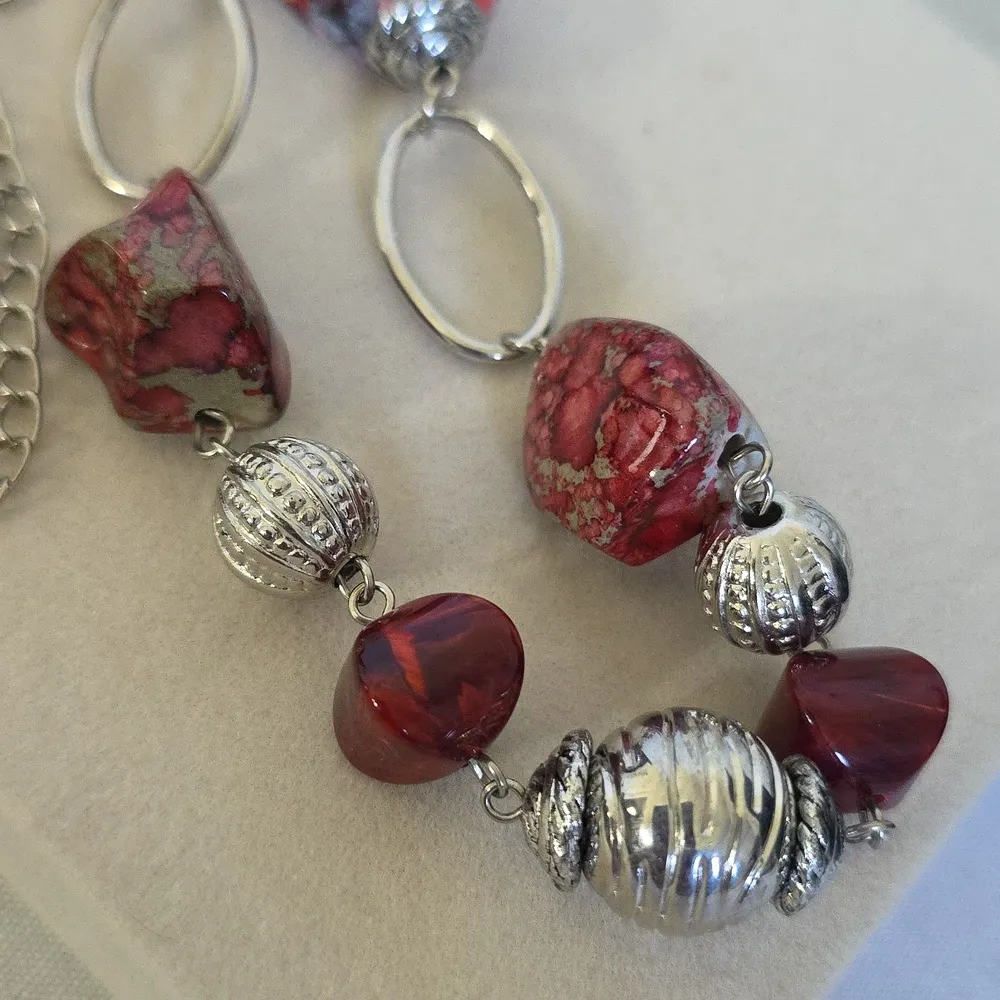 Silver with Red Art Glass and Acrylic Beads Long Necklace - Image 3