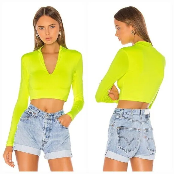 Superdown Nicky Zip Crop Top in Neon Yellow Large - Image 2