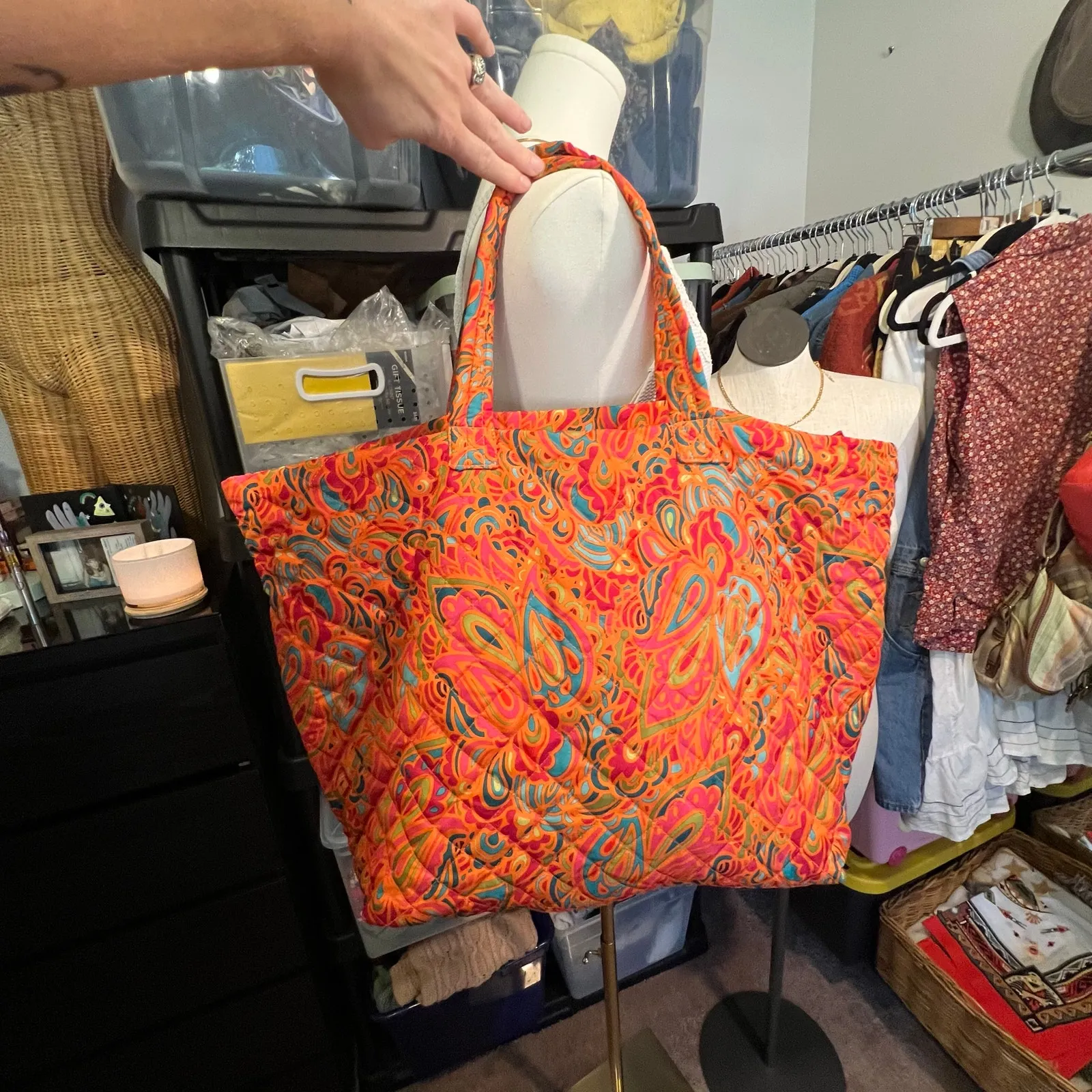 Orange Multi Colored Quilted Floral Printed Nylon Double Handle Zipper Tote Bag - Image 4