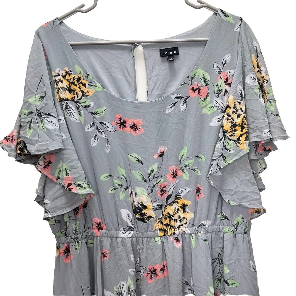 Torrid Gray Floral Ruffle Sleeve Chiffon Skater‎ Flare Dress Size 2X - Image 4