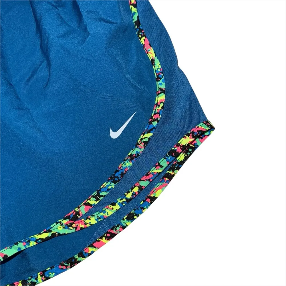 Nike Dri FIT Tempo Small Running Shorts Blue Neon Paint Splatter Trim Y2K - Image 2