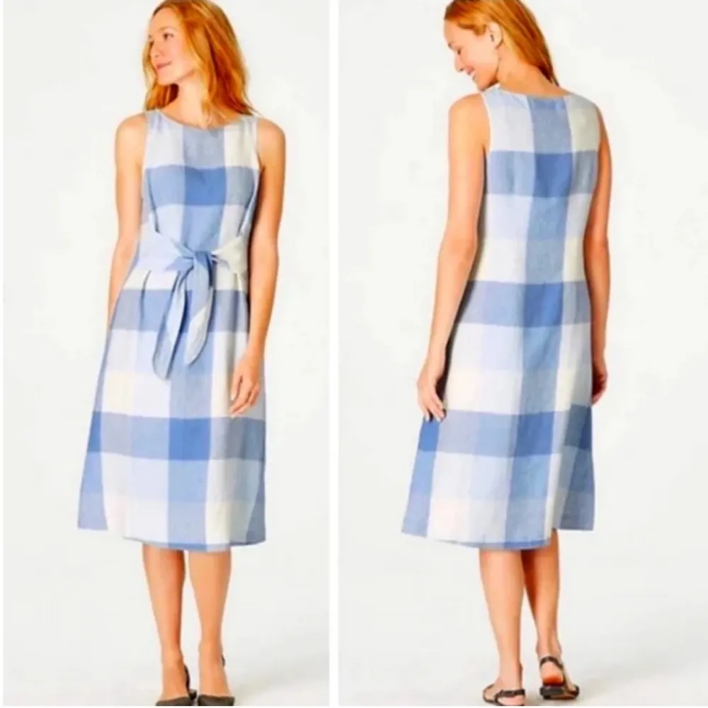 J JILL Love Linen Dress Blue White Check Gingham Self Tie Sleeveless Size Large - Image 11