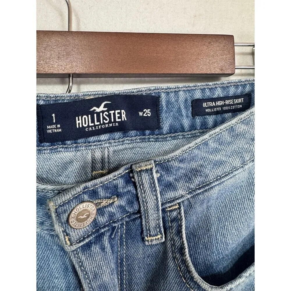 Hollister‎ Ultra High-Rise Distressed Denim Skirt Frayed Hem Light Wash Sz 1 - Image 3