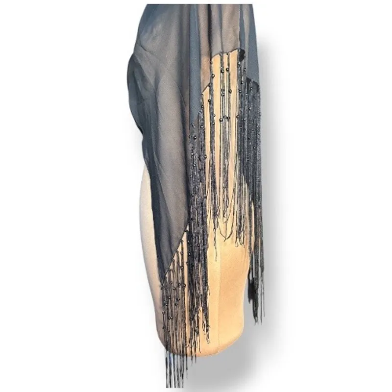 Sheer Black Fringe Shawl Beaded Wrap Evening Boho Hippie Lightweight Layer - Image 2