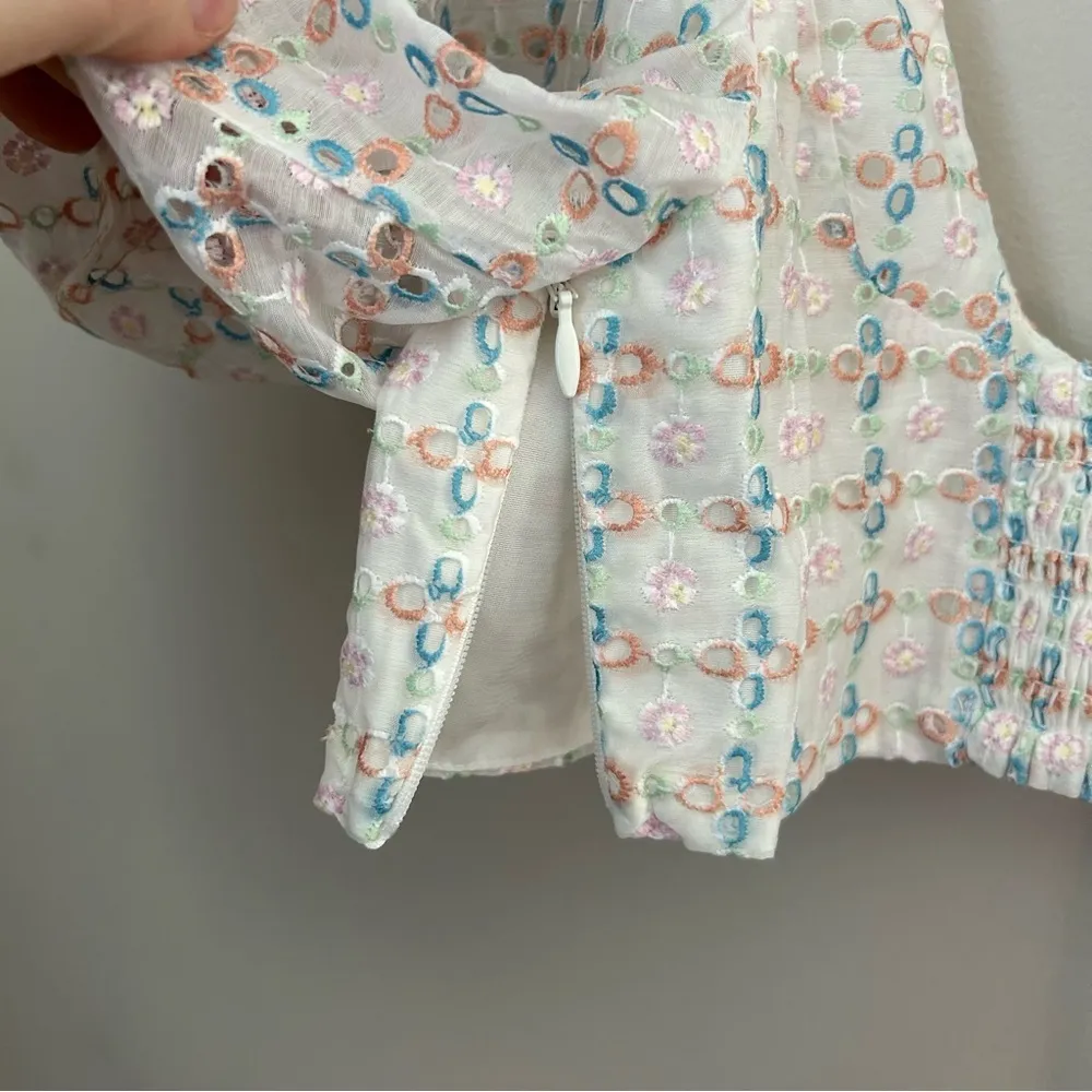 For Love & Lemons Crop Top Denise White Multicolor Eyelet Embroidery Puff Sleeve - Image 9