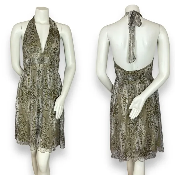 A.B.S. Allen Schwartz Silk Dress Halter Deep V-Neck Cut-Out Metallic Thread Sz 8 - Image 2