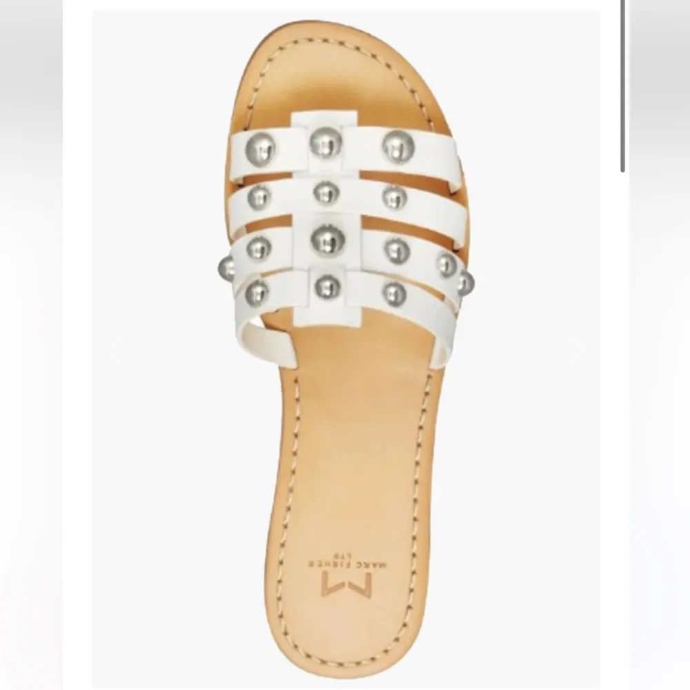 Marc Fisher Tan and White Studded Slide Leather Pava Sandal Flats - Image 4