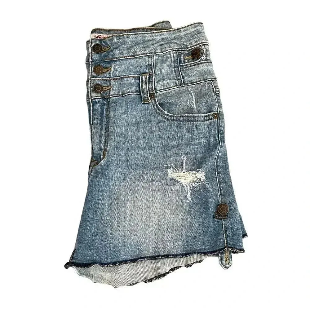 Eunina Blue Denim Cotton High Rise Front Button Closure Raw Hem Jeans L #1042 - Image 4