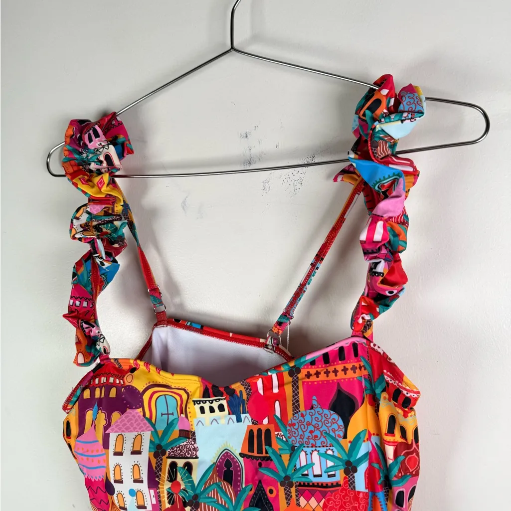 Sportlike Colorful Mediterranean Print One Piece Swimsuit Ruffle Straps Size XL - Image 3