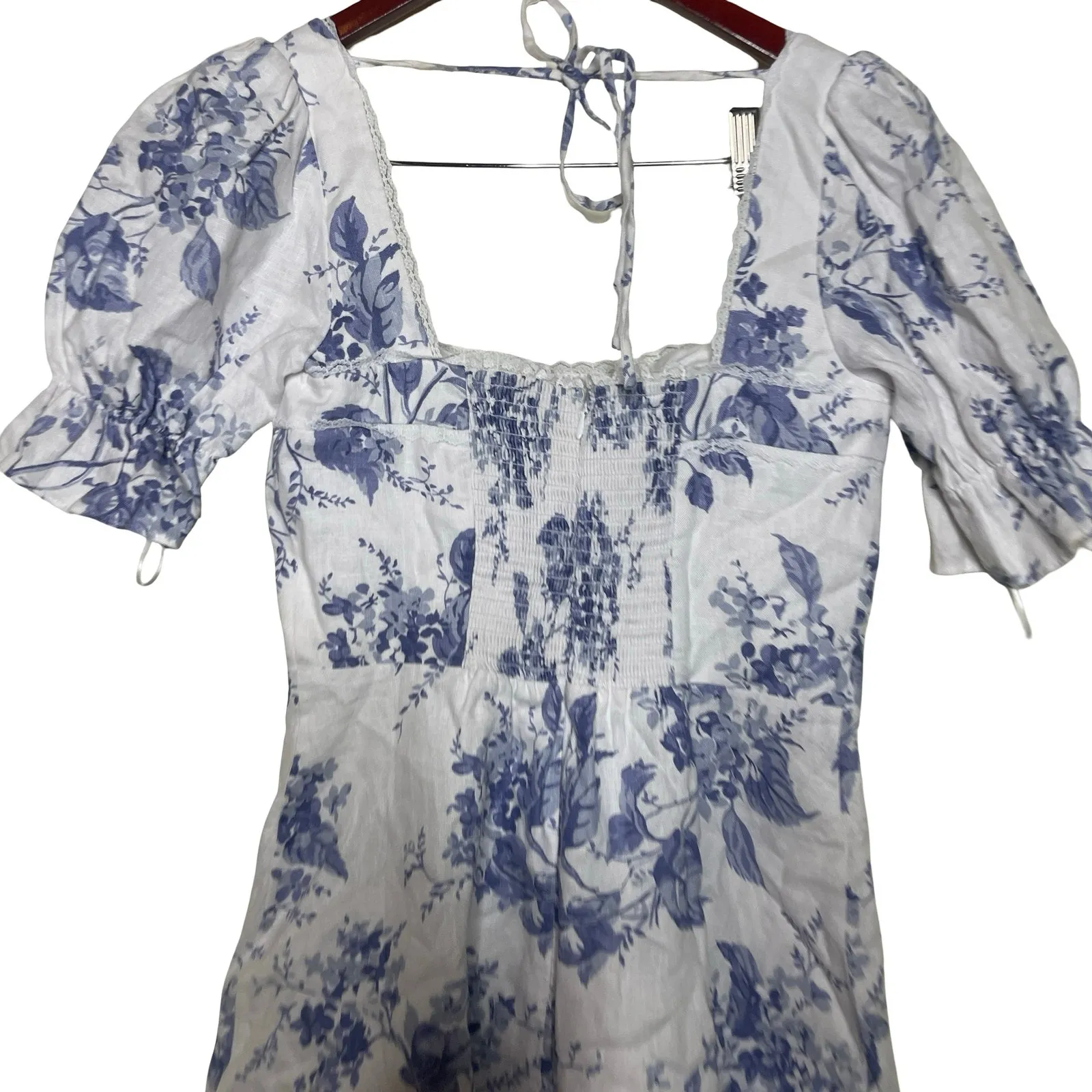Reformation Evianna White Blue Floral Linen mini Dress sz 8 - Image 3