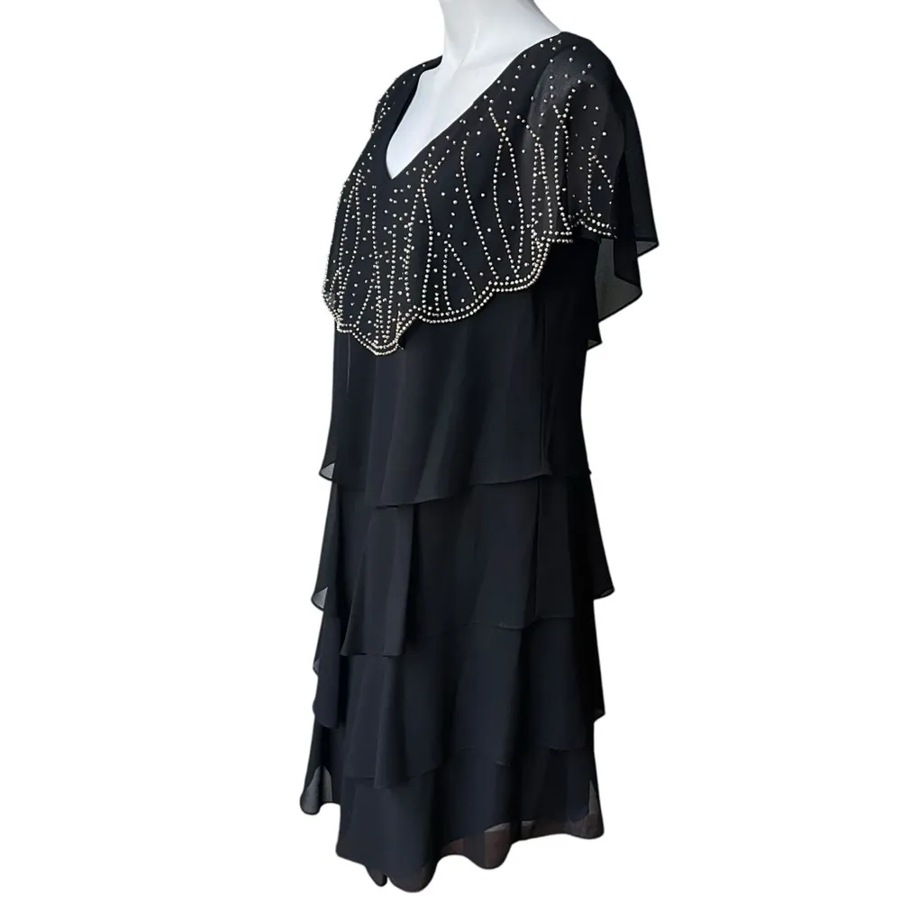 Patra by Joanna Chen Vintage Black Ruffled Gold Beaded Tiered Flapper Dress Size 14 - Image 7