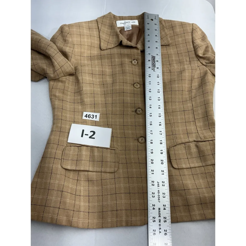 Womans Jones NY Button Down Blazer 12 Brown Plaid Lined Shoulder Pads - Image 7