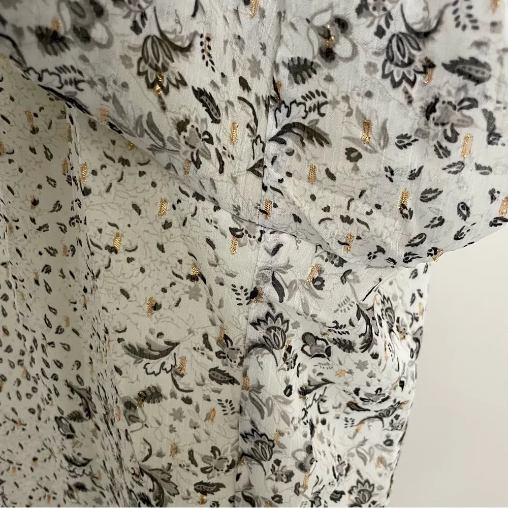 Top Lined Floral Botanical Puff Sleeves Shimmer Metallic Black Gold White - Image 6