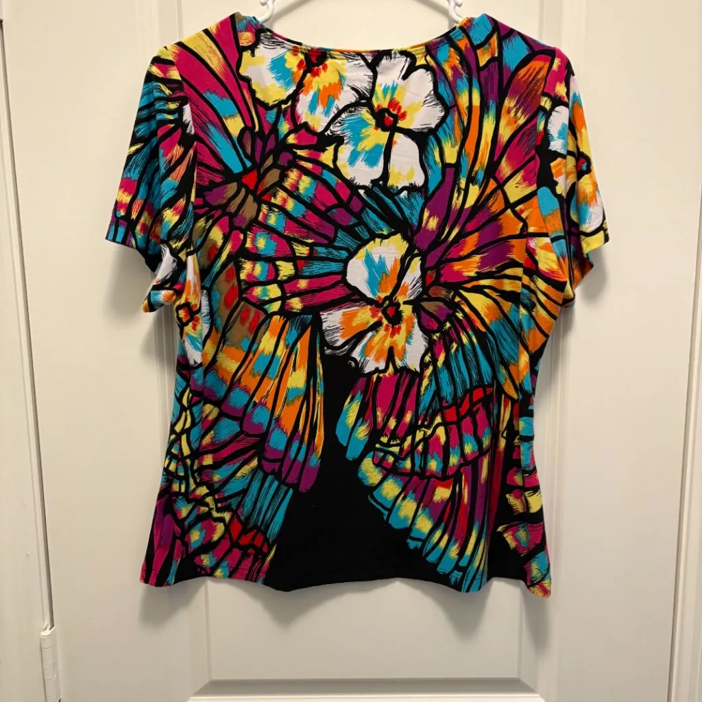 Investments Petites Abstract Floral Multicolor Short Sleeve Top – Size Large EUC - Image 4