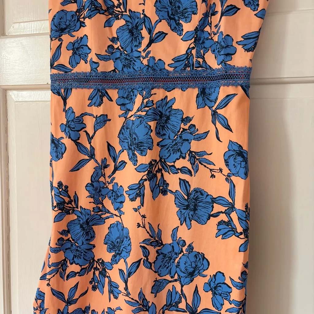 Alice + Olivia Jade Ruffled Floral Midi Dress Coral Blue Lace Illusion Size 12 - Image 8