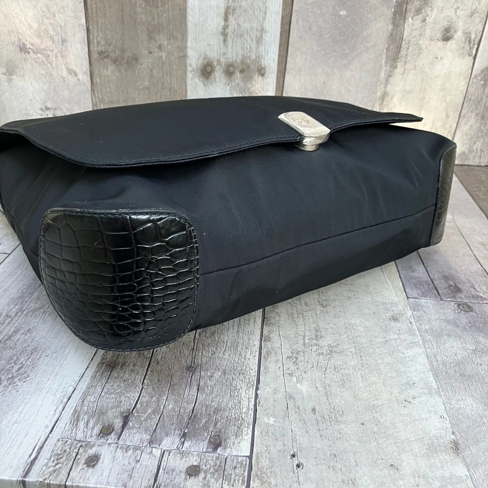 Ralph Lauren Purse Nylon Leather Messenger Crossbody Mock Croc Preppy Old Money Black - Image 9