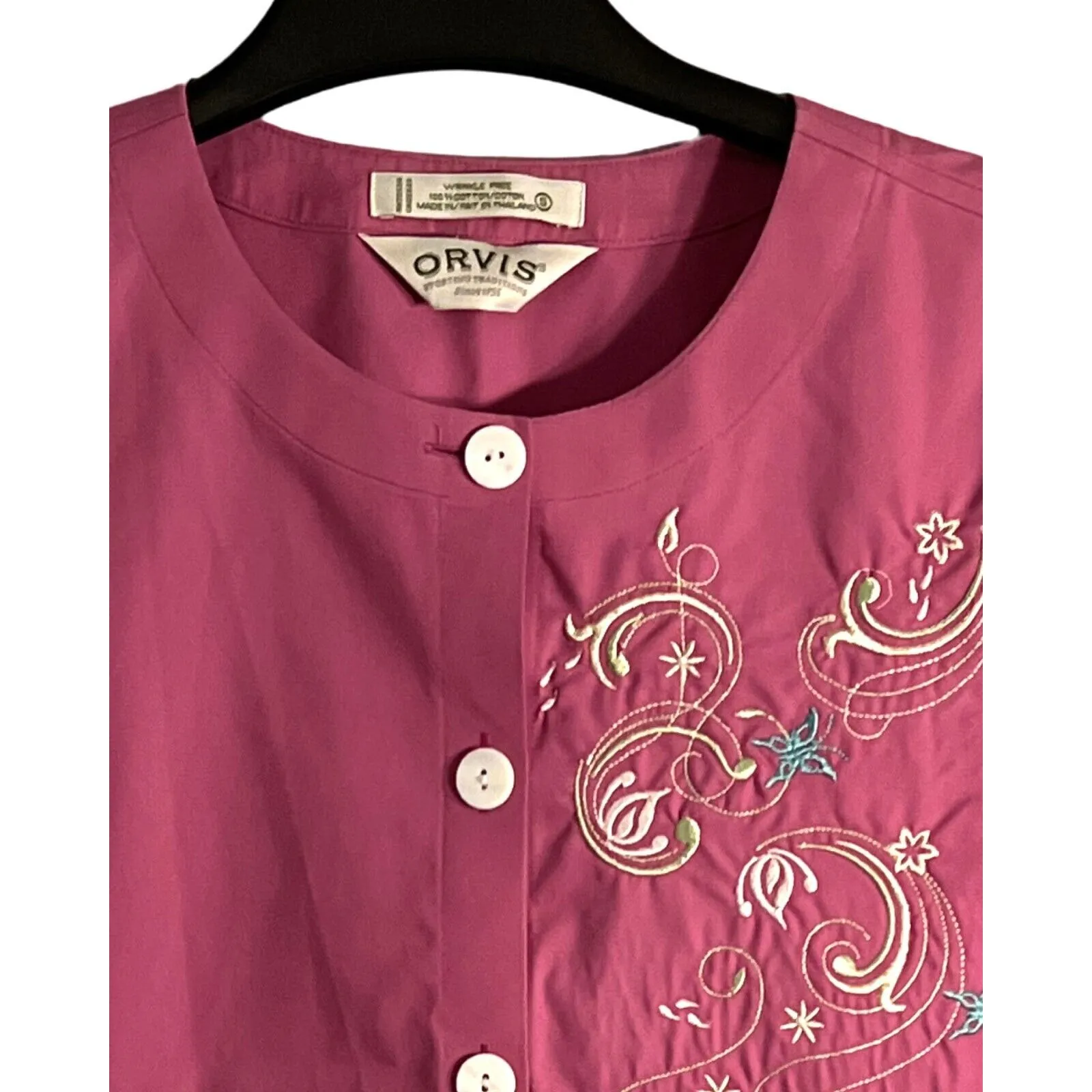 ORVIS Womens Short Sleeve Button Up Top Size S Dark Pink Embroidered Round Neck - Image 3