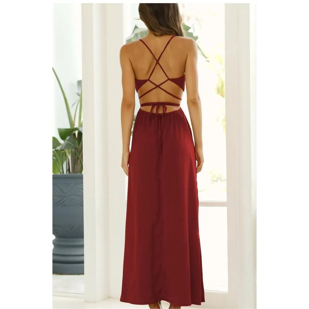 NEW Satin Cowl Neck Backless Tie Back Spaghetti Strap Slit Maxi Dress L Red Size L - Image 2