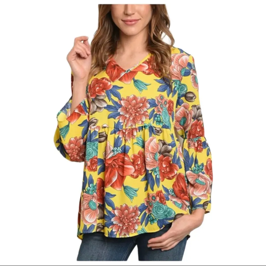 Cherish womens large floral long sleeve babydoll blouse tunic v neck & back ties - Image 2