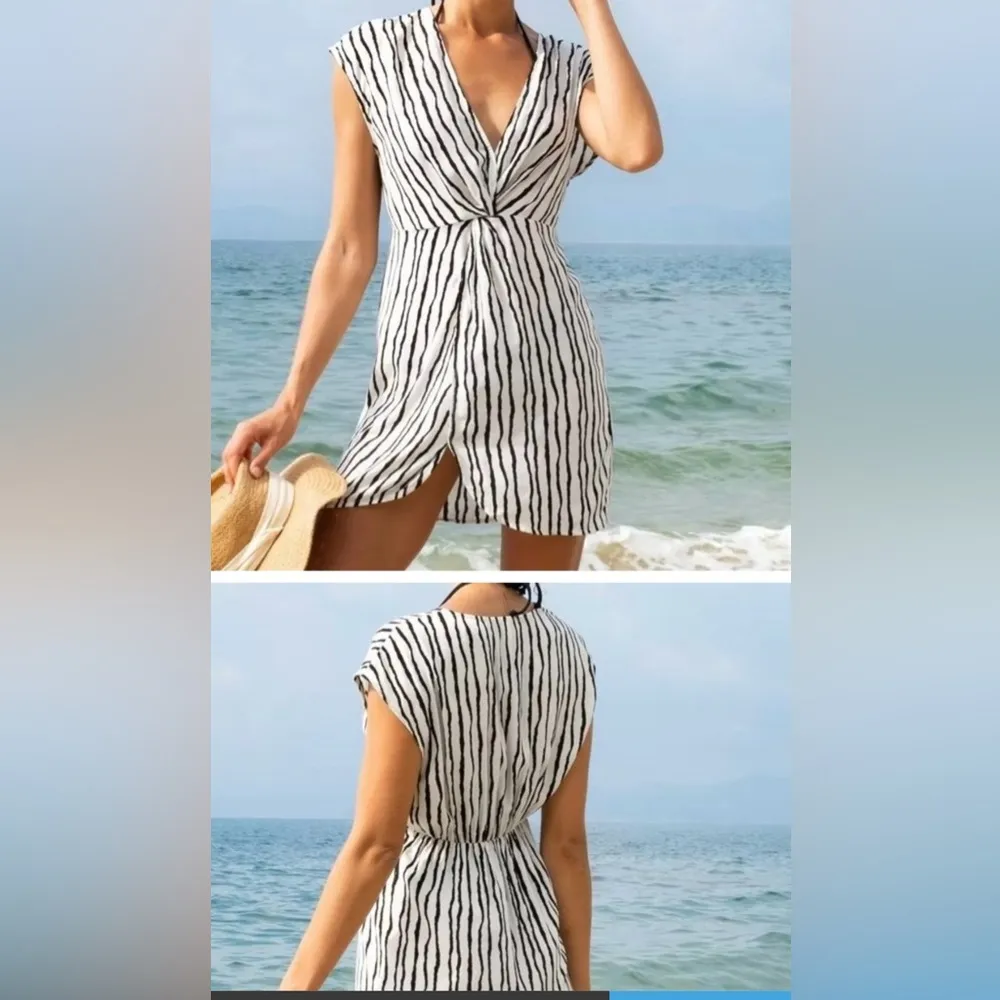 Cupshe  Zebra Print White/Black Bathing Suit Coverup Dress Striped V-nec… - Image 3