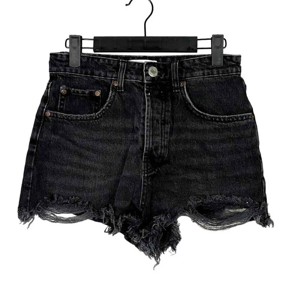ZARA Cutoff Distressed Jean Shorts Raw Ripped Hem High Rise Pockets 4 Wash Black - Image 10