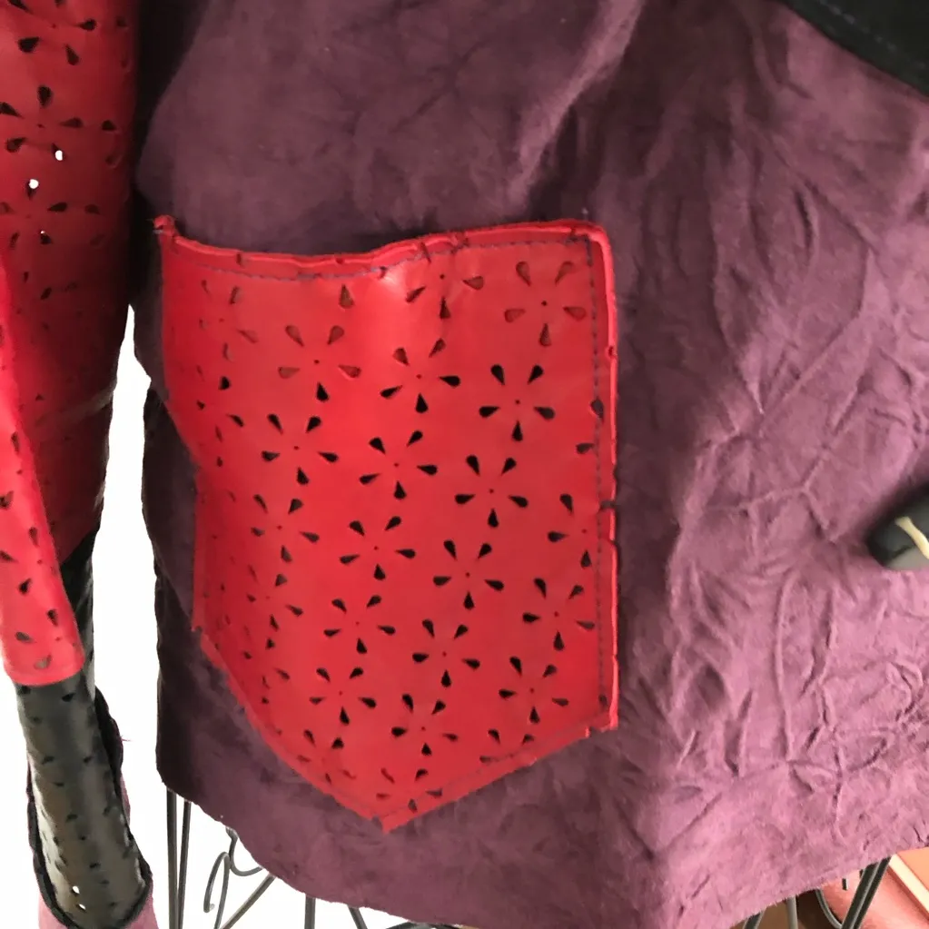 Vintage Grownbeans Red & Blue Leather & Suede Jacket with Asymmetrical Patchwork Size L - Image 7