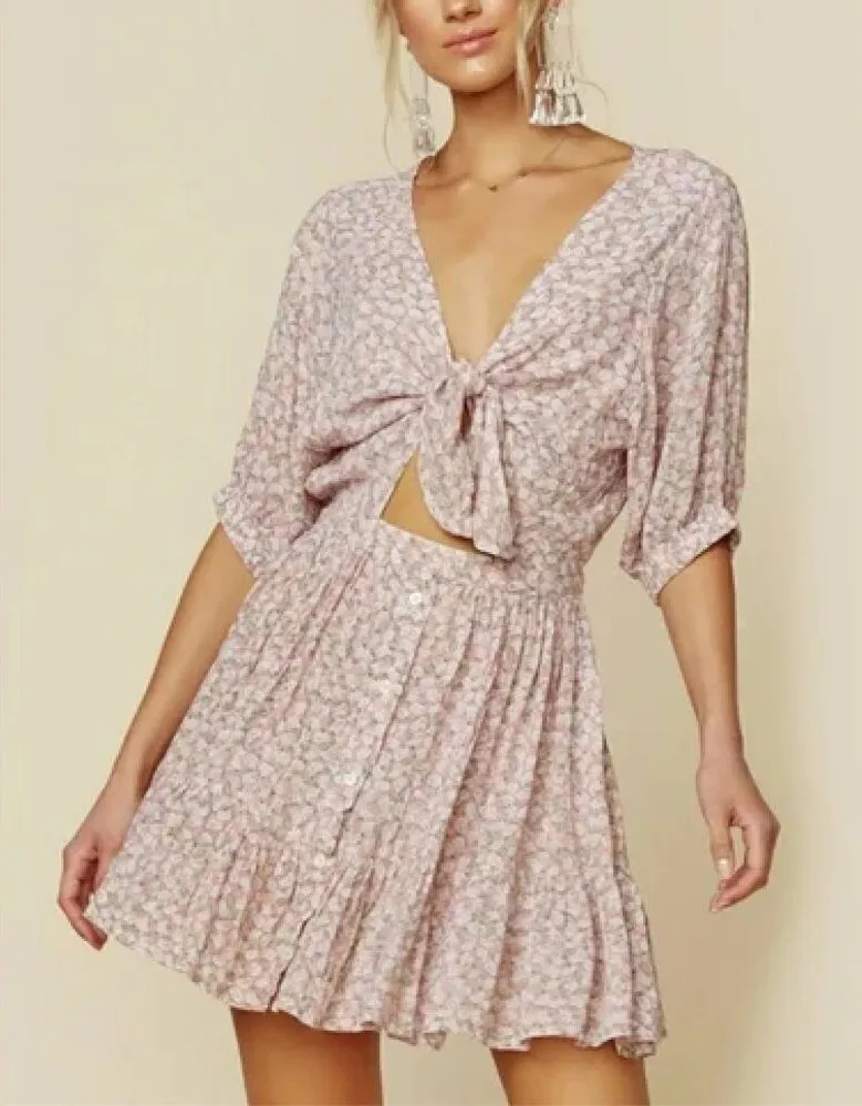 Faithfull The Brand Marigot Tie-Front Dress in Pink Azalea Floral Print, Size 6 - Image 1