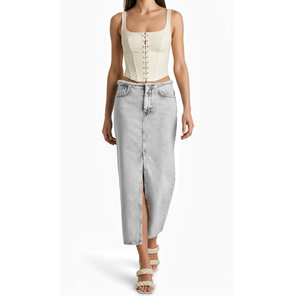 ALLSAINTS Honor Denim Frayed Maxi Skirt, Snow Grey, 12 (US) - Image 3