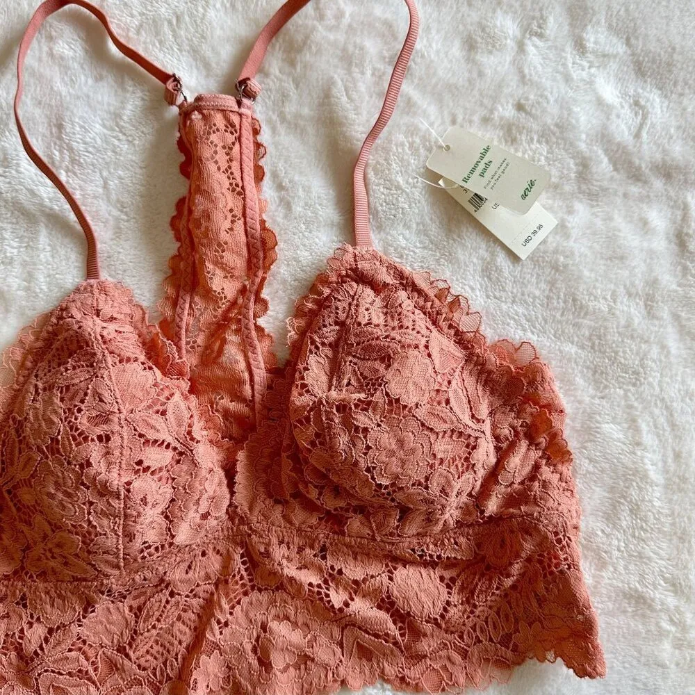 NWT Aerie Coral Bluegrass Lace Padded Racerback Bralette - Size: Small - Image 3