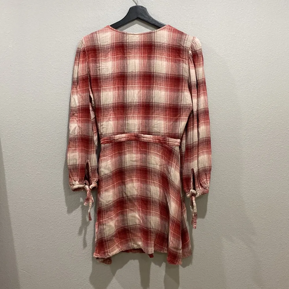 Melrose & Market Red Plaid Long Sleeve Wrap Mini Dress Size S - Image 4
