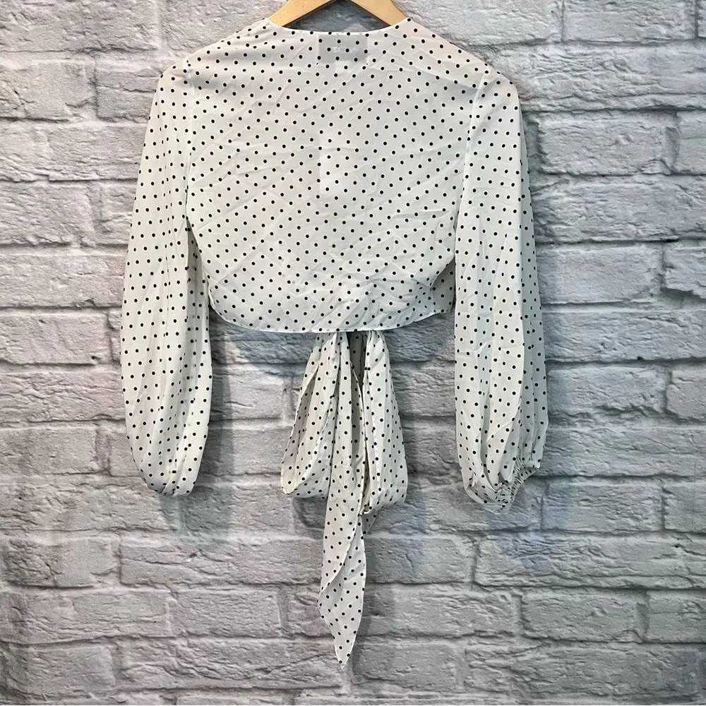 NWT  XS Nirav Crop Tied Black & White Polka Dot Wrap Long Sleeve Blouse - Image 8