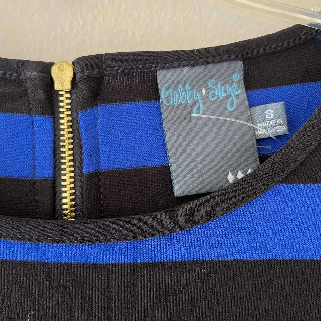 Gabby Skye Sz 8 Blue Black Stripe Elbow Sleeve Fit‎ Flare Stretch Midi Dress Zip - Image 3
