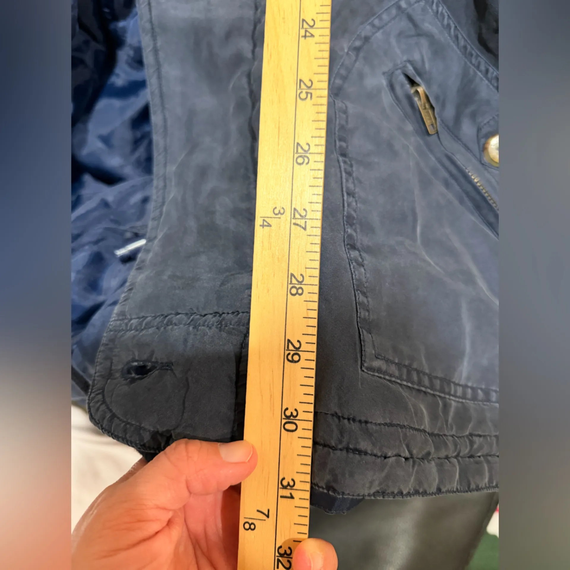 100% Silk BLUE Jacket Zip On Hood MED Oversized Zip Up Drawstring At Waist - Image 13