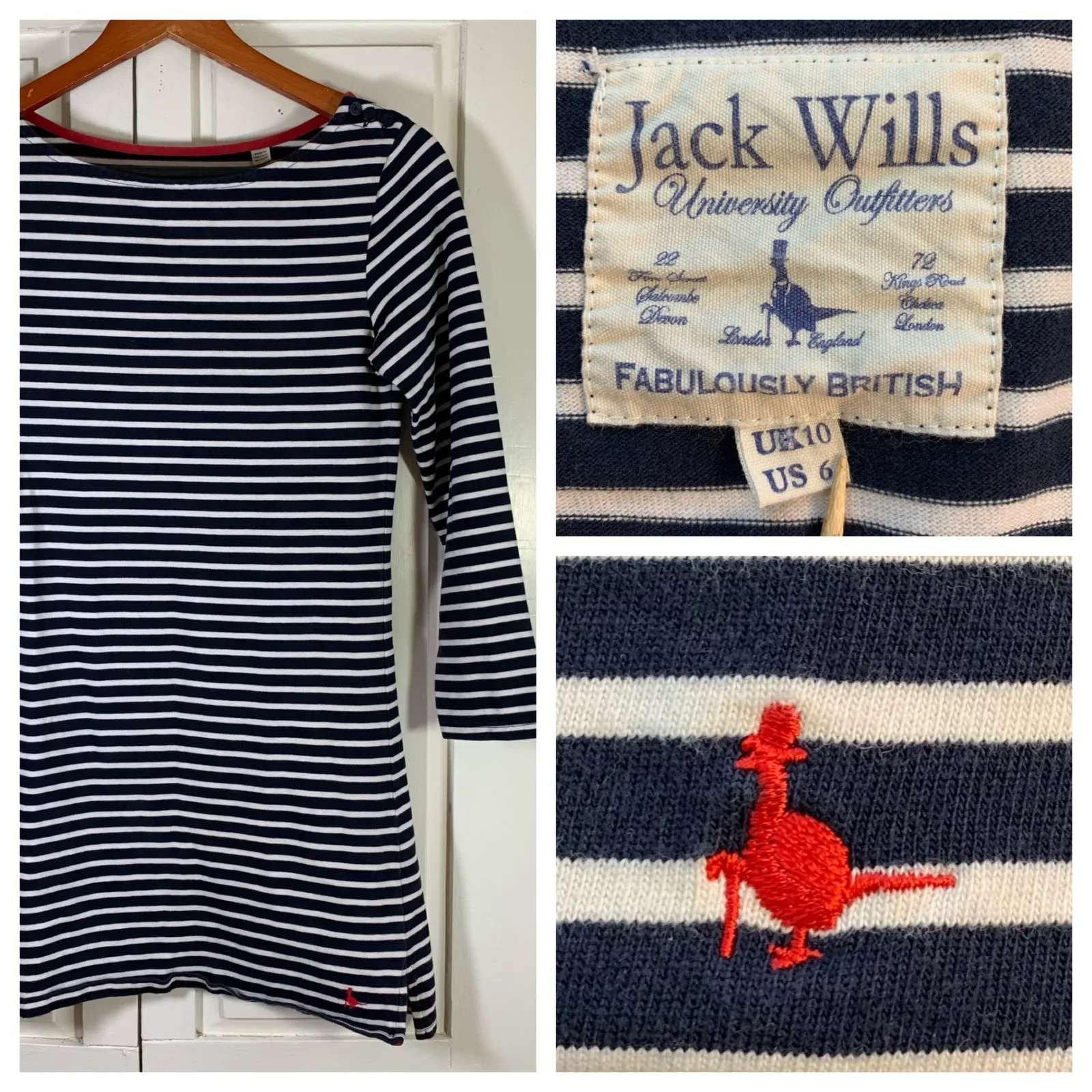 Jack Wills Striped Boat Neck 3/4 Sleeve Tunic Top Navy White Red US 6 Breton - Image 2