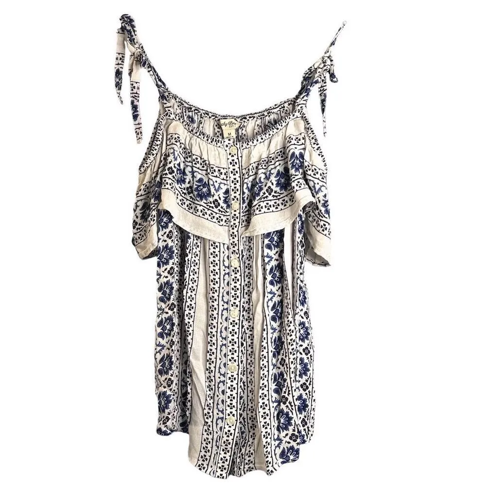 Lucky Brand Women's Blue Floral Off-Shoulder Blouse Medium - Image 7