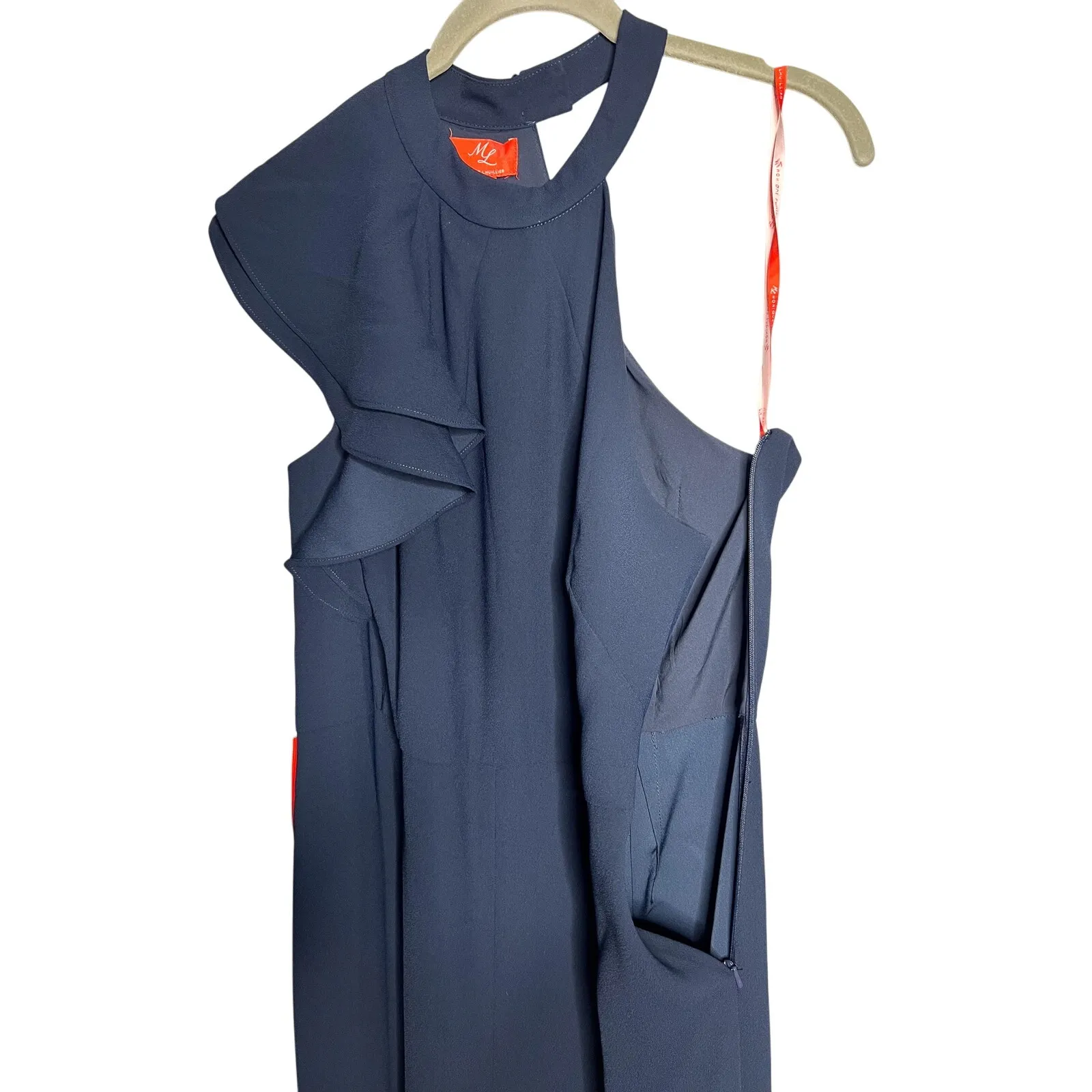 NWT Monique Lhuillier Ruffled Satin Jumpsuit Size 14 Halter Wide Leg Navy Blue - Image 7