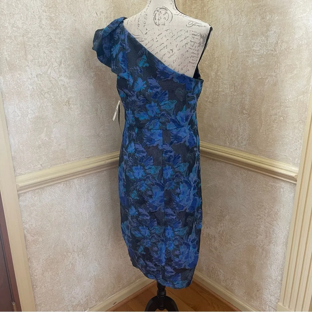 AIDAN MATTOX by ADRIANNA PAPELL Stretch Jacquard Midi Dress Blue Metallic Sz 16 - Image 8