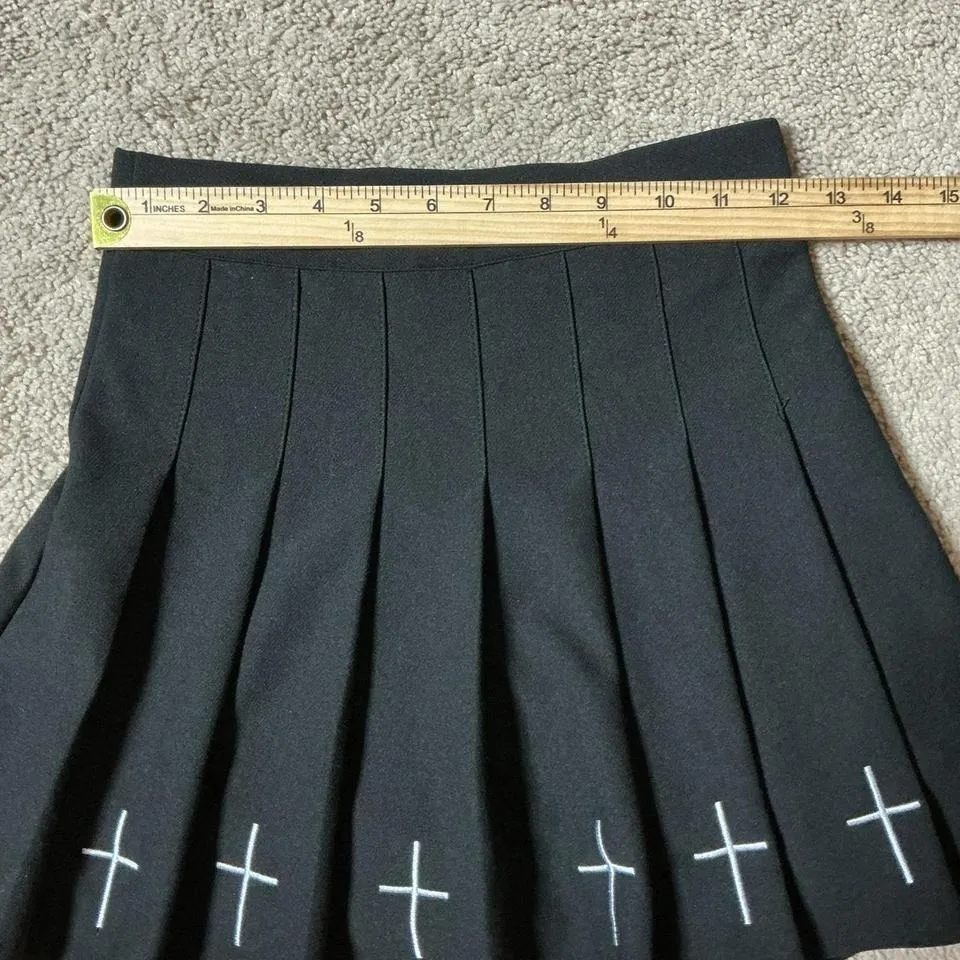 Black Pleated Mini Skirt White Cross Detail Punk Goth Alt Streetwear Size S - Image 5