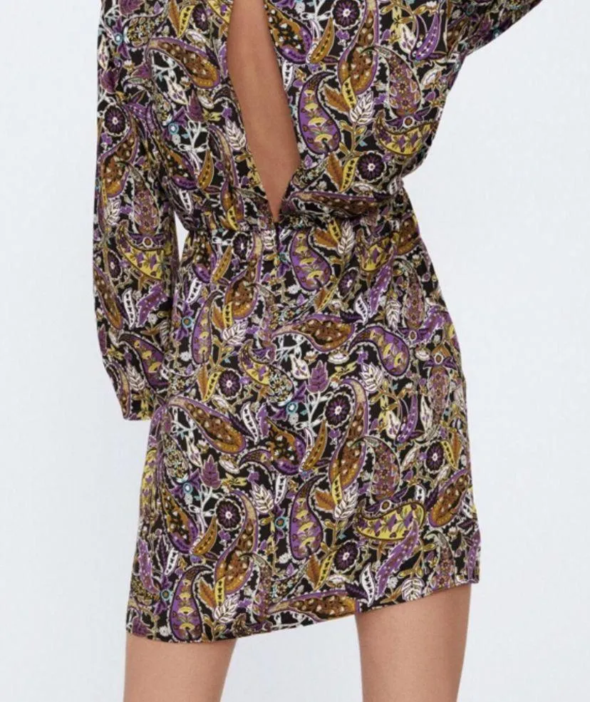 Zara Purple/Black Paisley Print Design Keyhole Back Mini Dress Sz S Women - Image 8