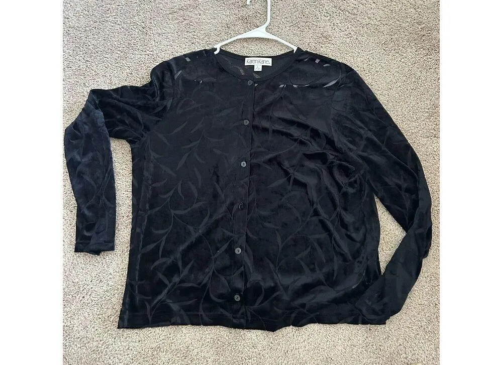Karen Kane Black Velvet Sheer Plant Design Long Sleeve Button Blouse Size L - Image 3