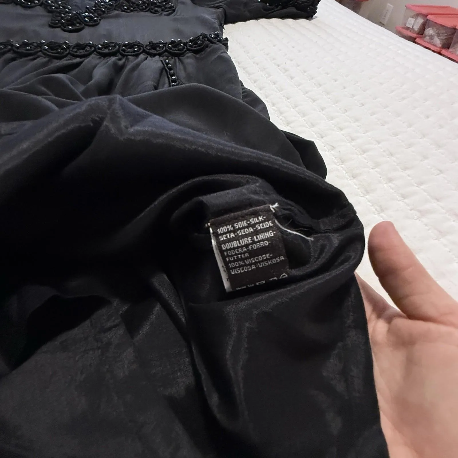 Antik Batik Dress Sz M 40 Short Sleeve 100% Silk Beaded Has Pockets Black Size M - Image 10